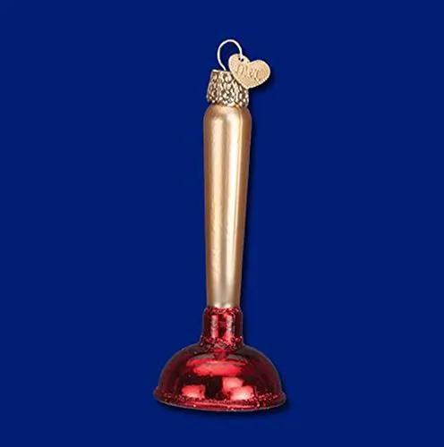 Old World Christmas toilet plunger ornament with gold handle and red plunger bulb heart-tag on Tampa Home & Garden Store
