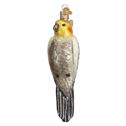 Old World Cockatiel Christmas Ornament with yellow head and glittered grey body on Tampa Home & Garden Store