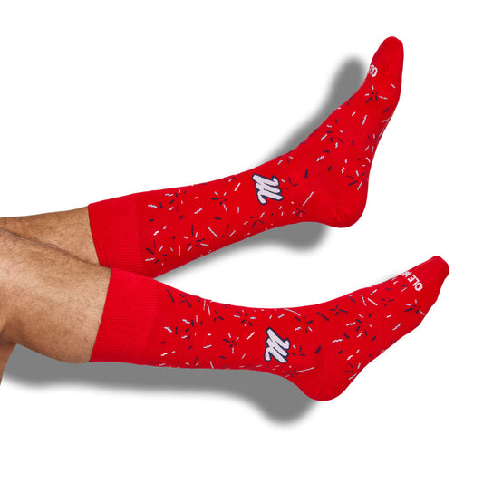 Ole Miss Rebel 4-Pack DeadSoxy college socks, red with white/blue confetti, 2 socks shown on Tampa Home & Garden Store