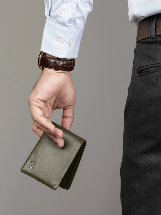 Olive Duke Bifold Wallet with Card Slots in olive-green leather; subtle metal logo on Tampa Home & Garden Store