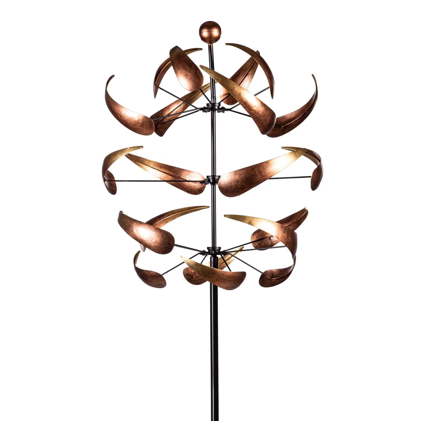 Ombre copper swirl wind spinner for garden with curved copper blades on a tall stake on Tampa Home & Garden Store