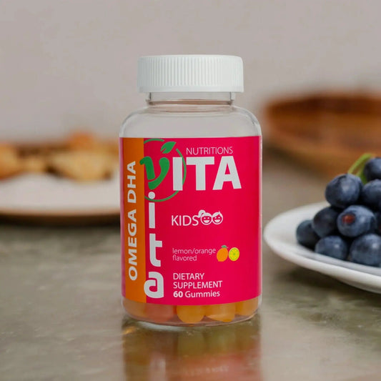 Omega DHA Kids dietary supplement bottle with pink label and white cap, blueberries nearby on Tampa Home & Garden Store