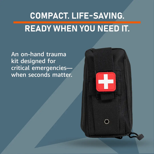 On Hand First Aid Kit bag by Emerge Survival, compact black emergency kit with red cross patch and carrying strap on Tampa Home & Garden Store