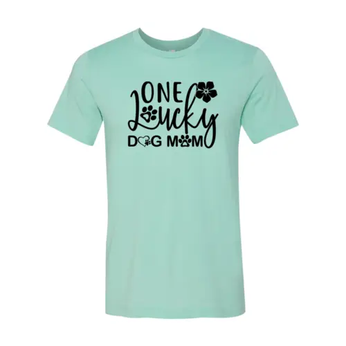 One Lucky Dog Mom T-Shirt mint green with paw prints and flower graphic on Tampa Home & Garden Store