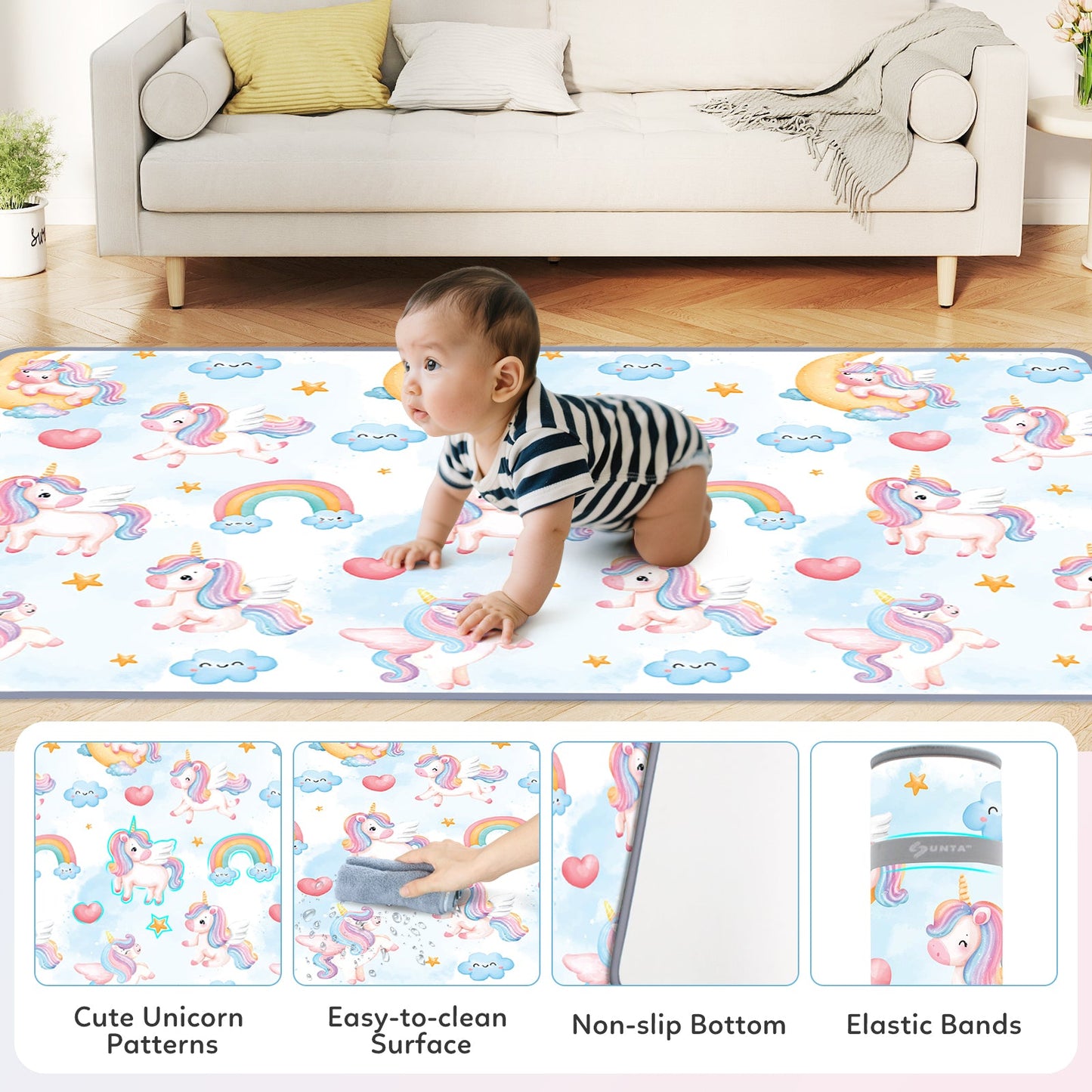 One-Piece Reversible Foam Activity Mat with unicorn pattern, baby crawling on play mat on Tampa Home & Garden Store