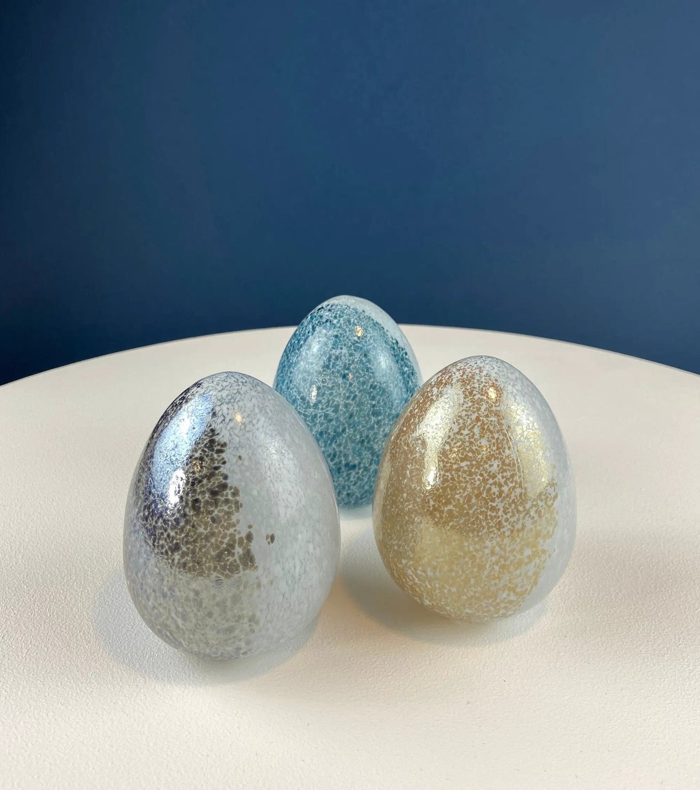 Opaline blue glass Easter eggs set of six, speckled crackle glaze, 6 in decor on Tampa Home & Garden Store
