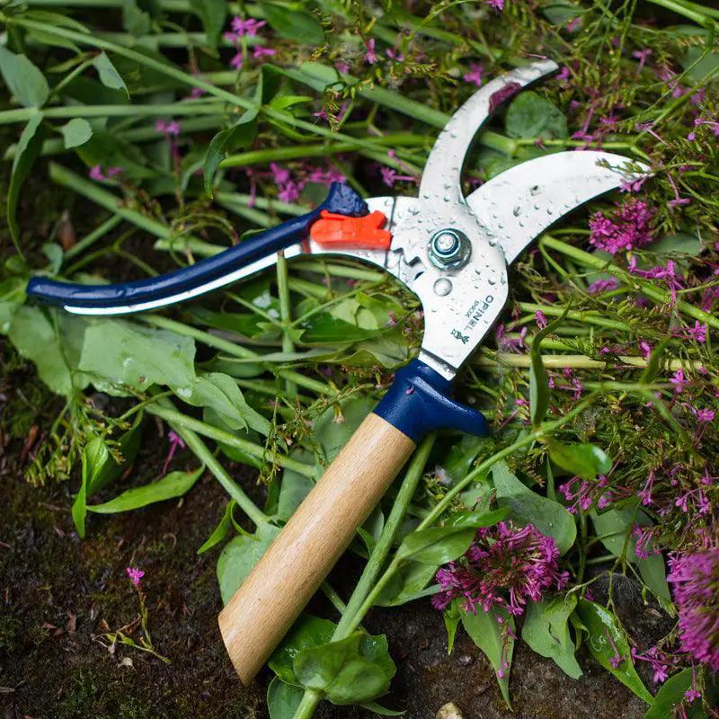Opinel blue hand pruners with wooden handle and adjustable jaw for pruning on Tampa Home & Garden Store