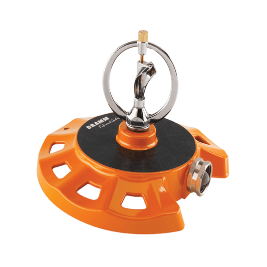 Dramm ColorStorm Spinning Sprinkler orange plastic base with metal ring head on Tampa Home & Garden Store