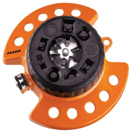 Dramm ColorStorm Turret Sprinkler 9-pattern nozzle, orange body with black center on Tampa Home & Garden Store