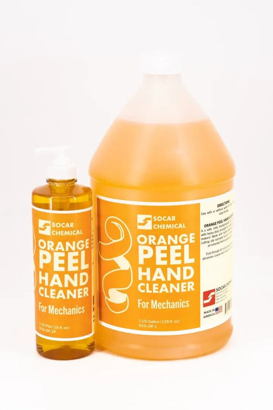 Orange Peel Hand Cleaner liquid hand soap by Socar Chemical in two orange containers on Tampa Home & Garden Store