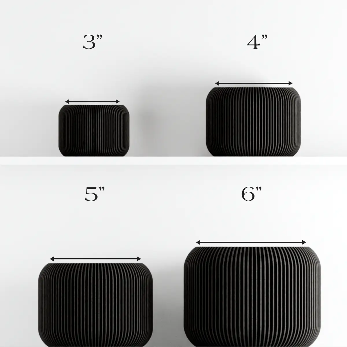 Orbis Planter modern indoor plant pot black ribbed ceramic in 3–6 in sizes (set of 4) on Tampa Home & Garden Store
