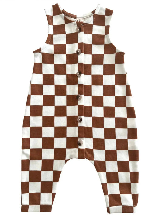Organic checkerboard baby jumpsuit by SIIX, brown white squares, front buttons on Tampa Home & Garden Store