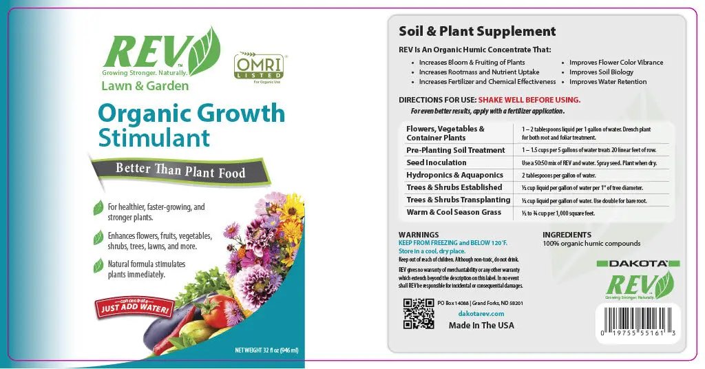 Organic REV Liquid Plant Food fertilizer packaging with REV logo and Growth Stimulant label on Tampa Home & Garden Store