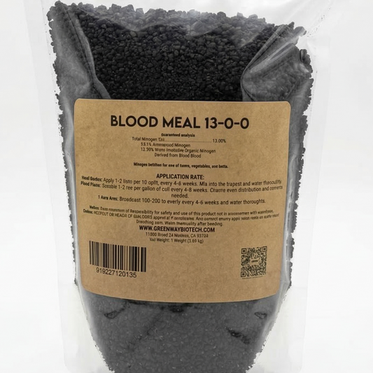 Bag of blood meal with a label on a white background