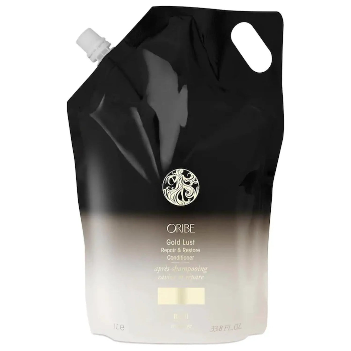 Oribe Gold Lust Repair & Restore Conditioner pouch with gold logo, black gradient, 33.8 fl oz on Tampa Home & Garden Store