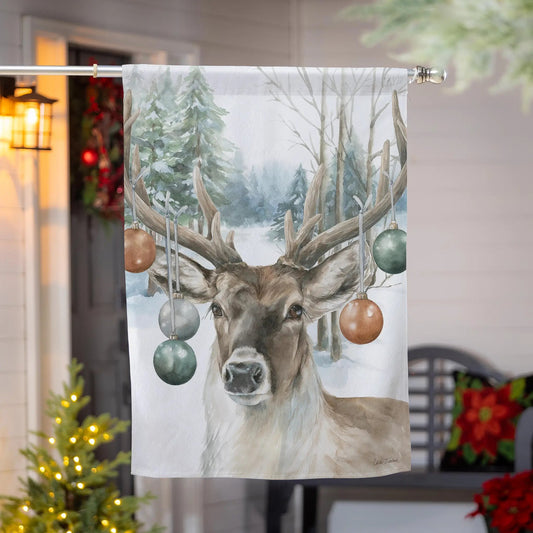 Ornament Deer Suede House Flag by Evergreen Enterprises with deer head and hanging ornaments on Tampa Home & Garden Store