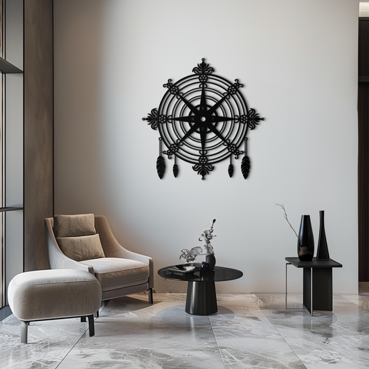 Ornate Compass Rose Metal Wall Art – Decorative Matte Black Steel with Feathers for Nautical and Boho Decor- KAF347 - Tampa Home & Garden Store