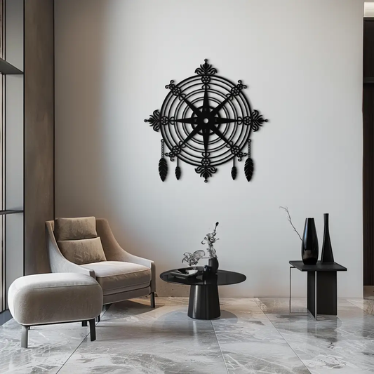 Ornate Compass Rose Metal Wall Art – Decorative Matte Black Steel with Feathers for Nautical and Boho Decor- KAF347 - Tampa Home & Garden Store