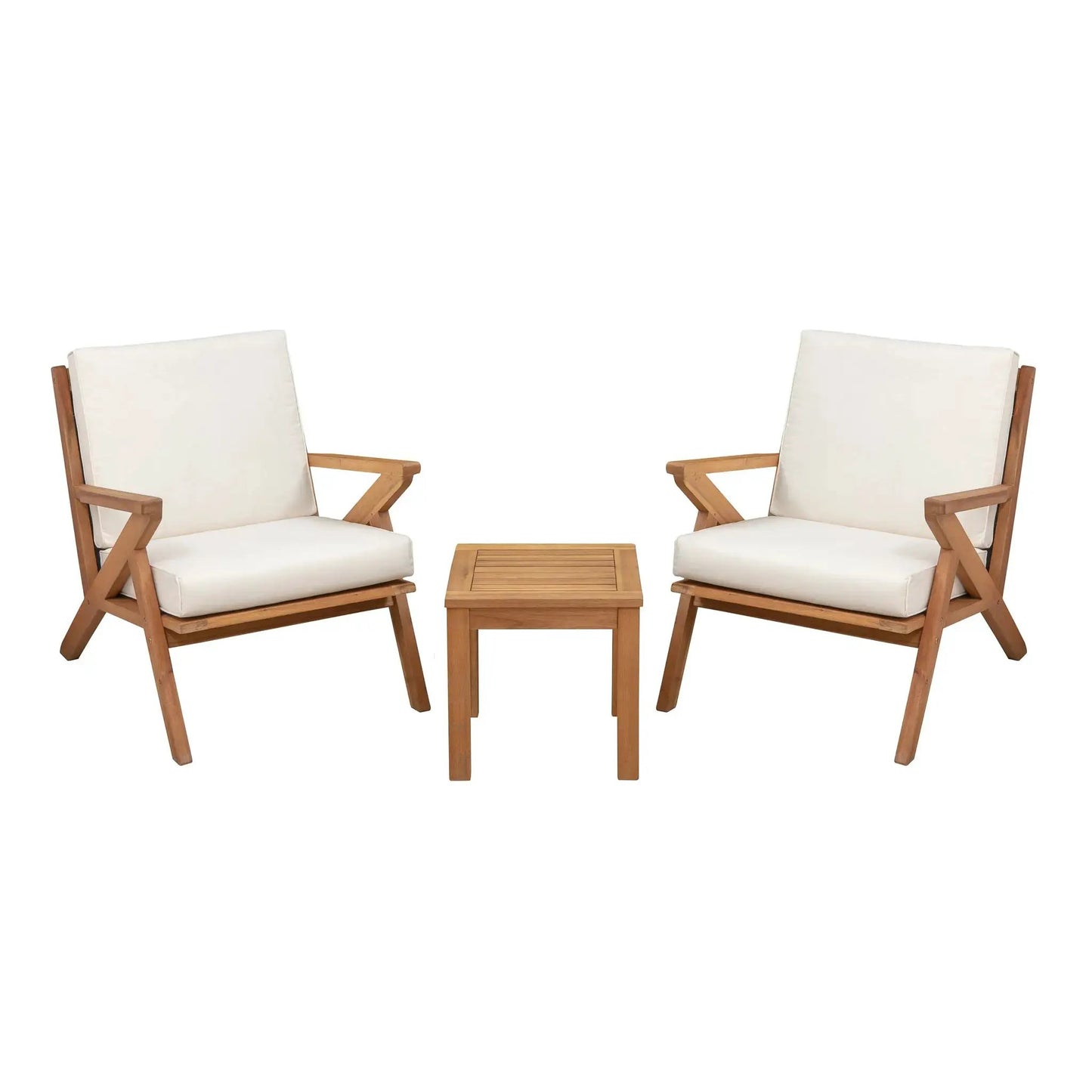 Pair of Oslo wooden armchairs in cream cushions with light wood frames and a side table on Tampa Home & Garden Store