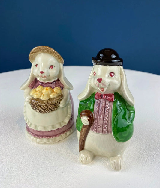 Otagiri porcelain bunny salt and pepper shakers, hand-painted duo in vintage outfits on Tampa Home & Garden Store