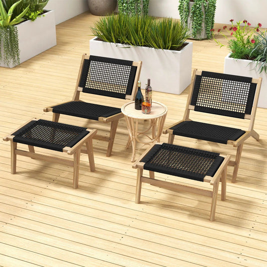 Teak cordage ottoman footstools with black woven seats, natural wood frames, set of 4 on deck on Tampa Home & Garden Store