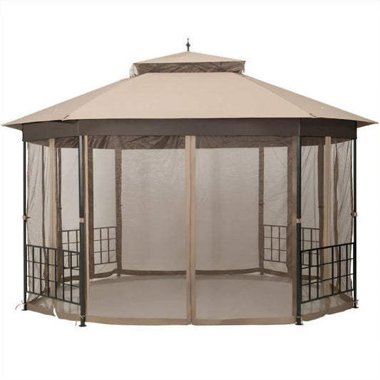 Outdoor 10 x 12 Ft Octagon Gazebo with Mosquito Net Sidewalls and Brown Canopy - Tampa Home & Garden Store