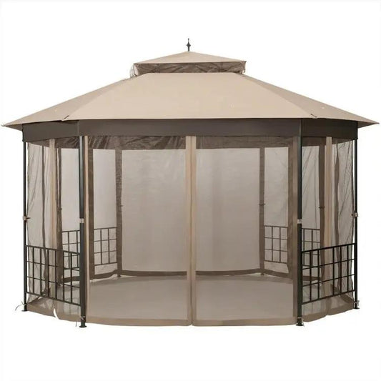 Outdoor 10 x 12 Ft Octagon Gazebo with Mosquito Net Sidewalls and Brown Canopy - Tampa Home & Garden Store