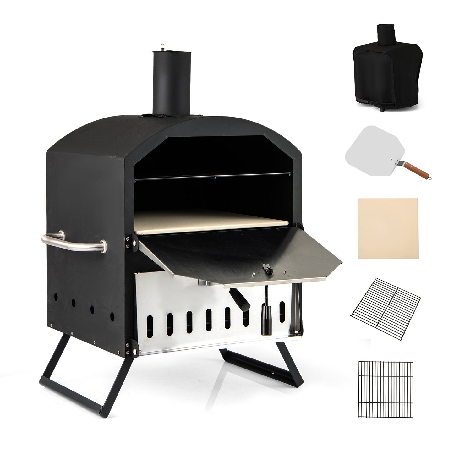 Outdoor 16 Inch 2-Layer Wood Fired Pizza Oven with Square Stone-Black