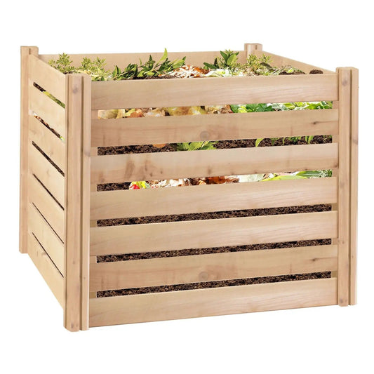 174-Gallon cedar wooden compost bin with slatted panels and visible organic material on Tampa Home & Garden Store