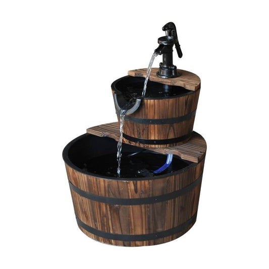 Outdoor 2-Tier Solid Wood Whisky Barrel Waterfall Fountain with Electric Pump - Tampa Home & Garden Store