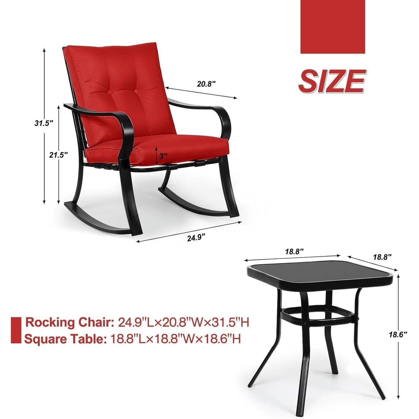 Outdoor 3-Piece Patio Furniture Rocking Chairs Table Set with Red Cushions - Tampa Home & Garden Store