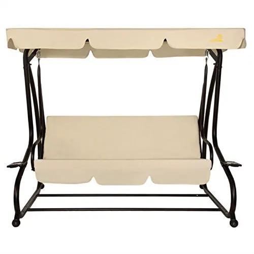 Outdoor 3-Seat Canopy Swing with Beige Cushions for Patio Deck or Porch - Tampa Home & Garden Store