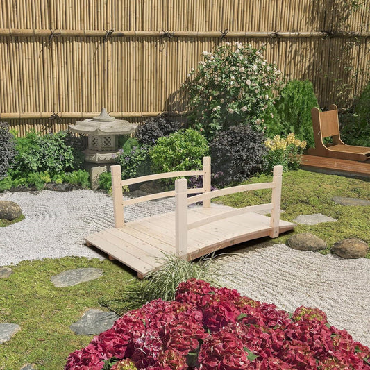Outdoor 4-ft Wooden Garden Bridge with Rails in Natural Wood Finish - Tampa Home & Garden Store