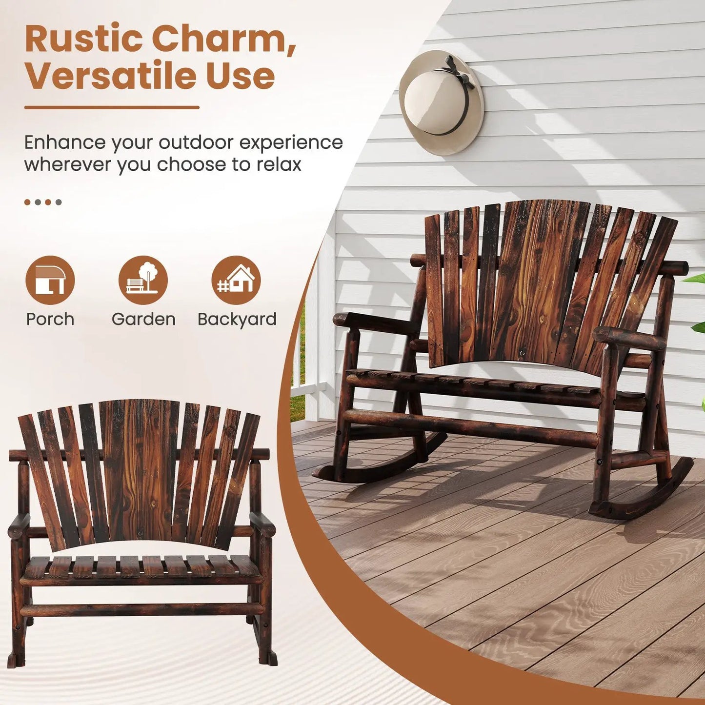 Two brown outdoor Adirondack rocking chairs for adults, with slatted backs on a wooden porch on Tampa Home & Garden Store