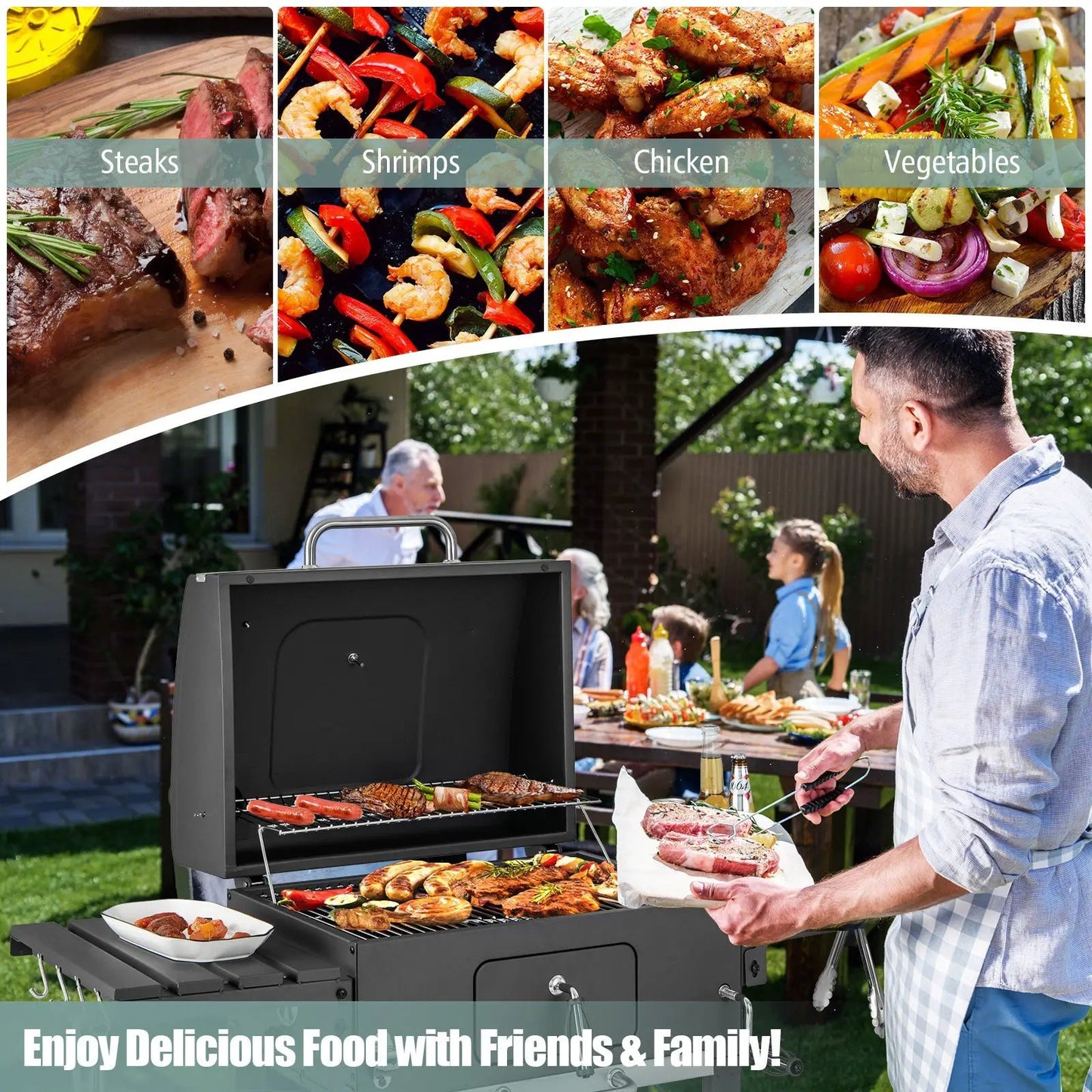 Outdoor Charcoal Grill with foldable side tables and wheels by DirectDeals for backyard grilling on Tampa Home & Garden Store