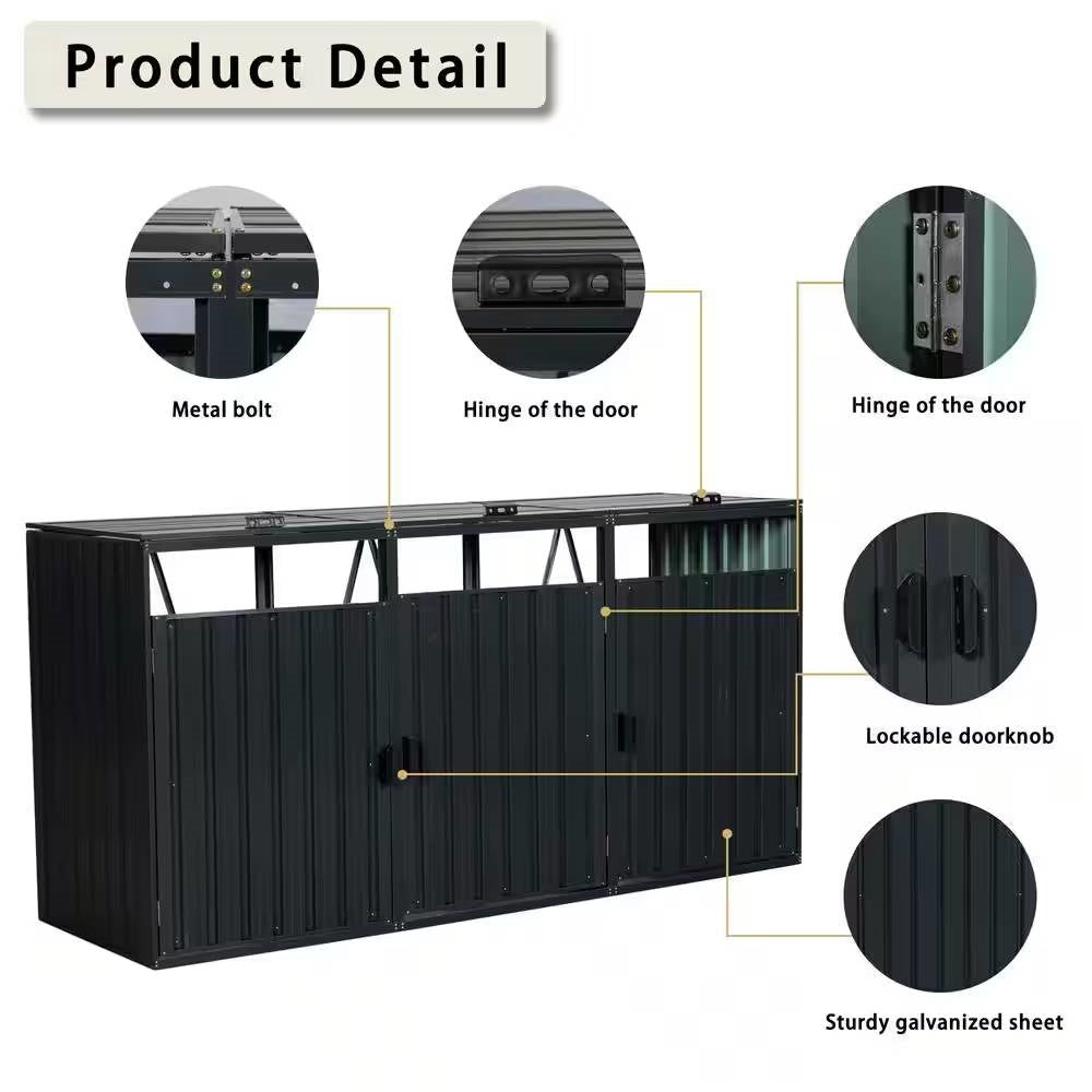Outdoor Black Galvanized Steel Garbage Bin Storage Shed - Holds 3 Trash Cans - Tampa Home & Garden Store