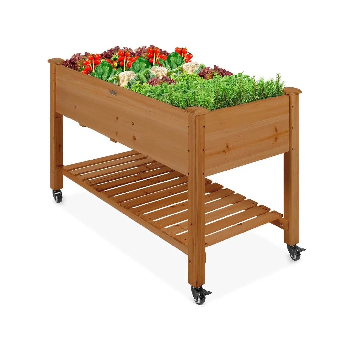 Outdoor Brown Wood Raised Garden Bed Planter Box with Shelf and Locking Wheels - Tampa Home & Garden Store