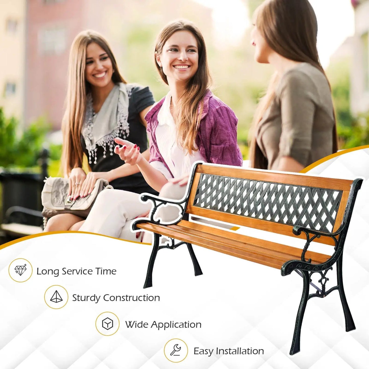 DirectDeals outdoor cast iron patio bench with wood seat and lattice back, 1 bench on Tampa Home & Garden Store