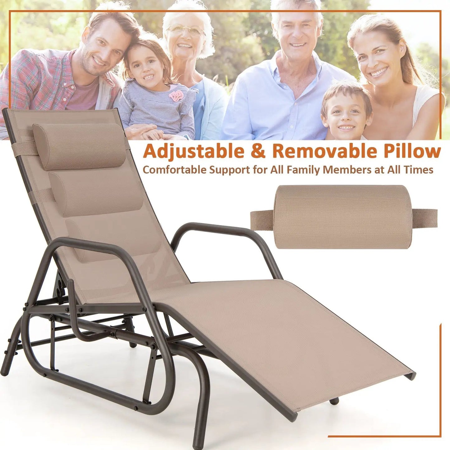 Outdoor Chaise Lounge Glider Chair with Armrests in beige fabric and removable pillows on frame on Tampa Home & Garden Store