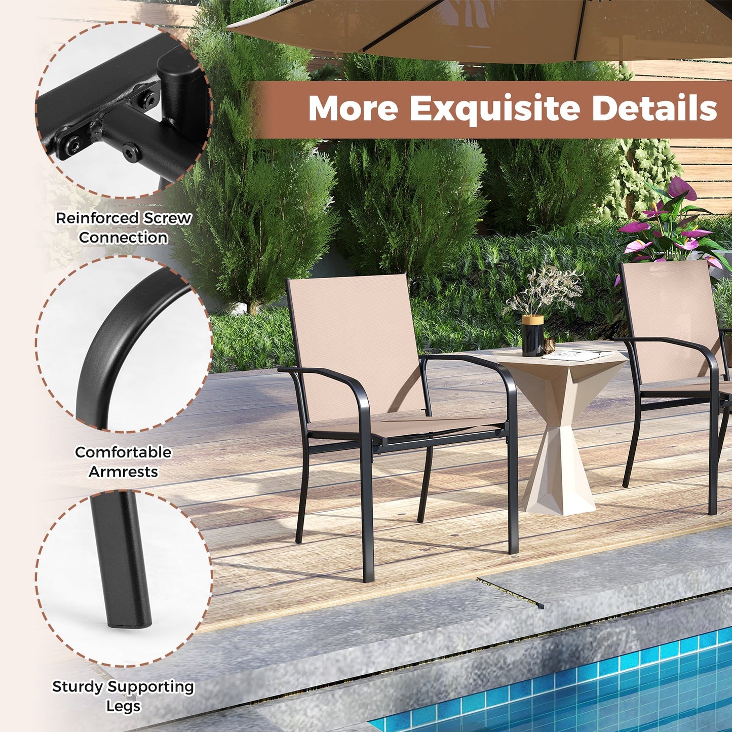 Outdoor Dining Chairs Set of 4 with High Back and Metal Frame-Light Brown