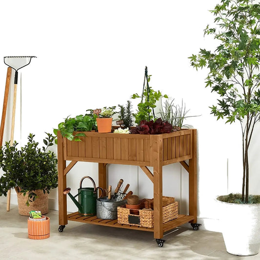 Outdoor Elevated Garden Bed with Locking Wheels, wooden HomePacific planter on casters on Tampa Home & Garden Store
