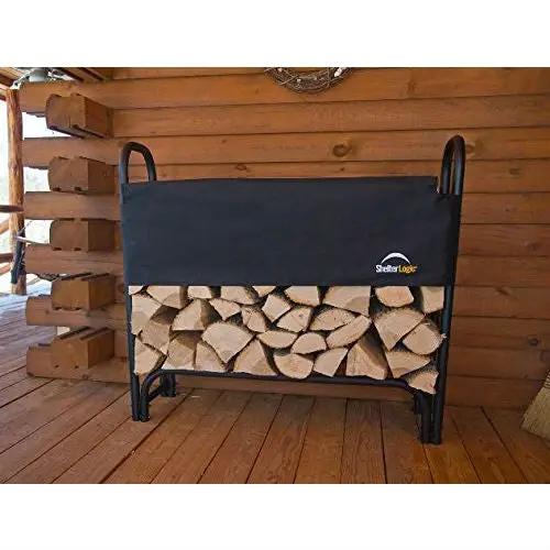 Outdoor firewood rack 4-ft steel frame with black ShelterLogic cover, wood log storage on Tampa Home & Garden Store