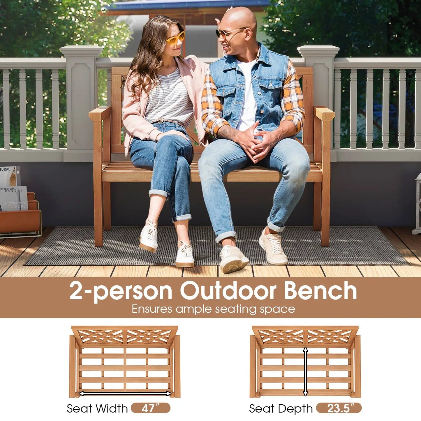 Outdoor Garden Teak Wood Bench with Two Armrests for 2 on a deck on Tampa Home & Garden Store