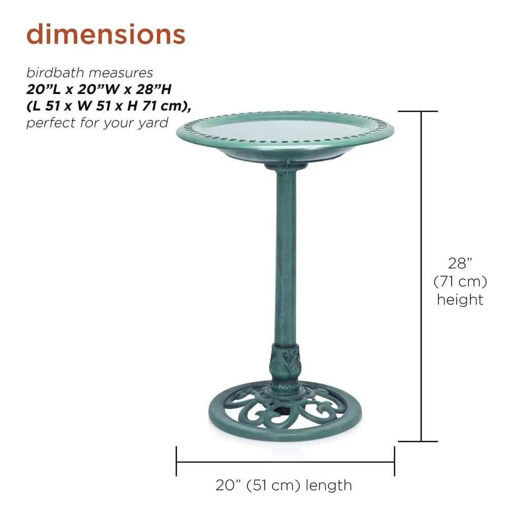 Outdoor Bird Bath on Stand in Green Bronze Finish, ornate metal pedestal and round basin on Tampa Home & Garden Store
