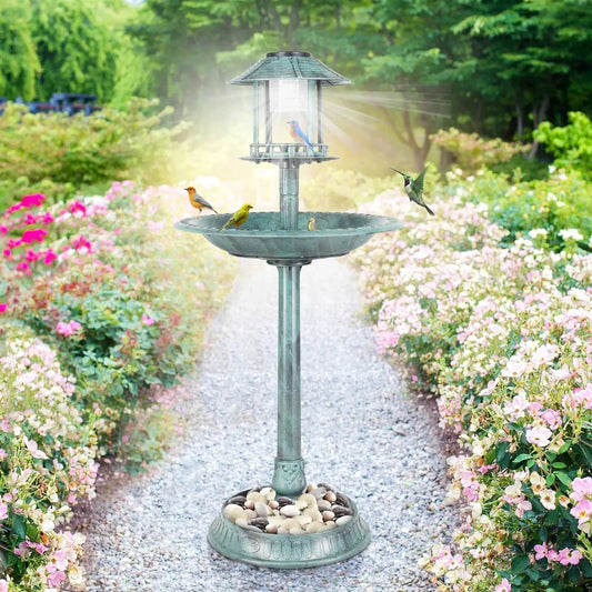 Birdbath green copper patina with solar light garden decor by HomePacific birds perched on Tampa Home & Garden Store