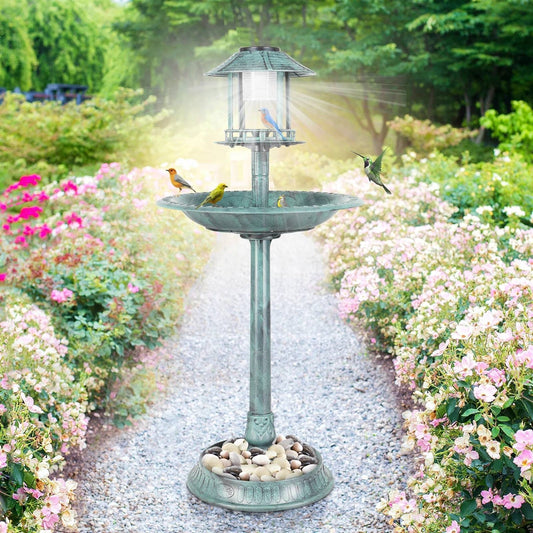 Outdoor Garden Birdbath in Green Copper Patina Finish with Solar Light - Tampa Home & Garden Store