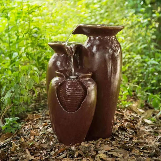 Outdoor 3-tier Burgundy Red Polyresin Fountain with stacked vase design on Tampa Home & Garden Store