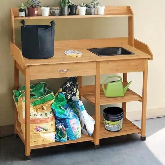 Outdoor garden potting bench with sink in oak finish, upper shelf and lower storage on Tampa Home & Garden Store