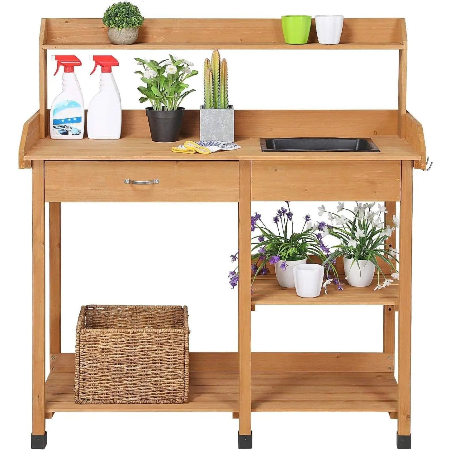 Outdoor Garden Potting Bench With Sink in Oak, wooden unit with built-in sink and a single drawer on Tampa Home & Garden Store