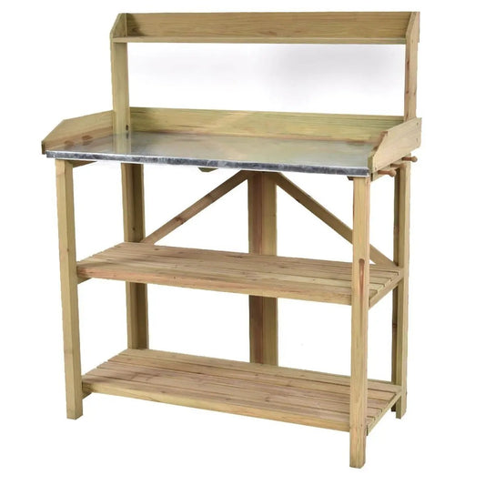 Outdoor Garden Potting Bench with Metal Top, galvanized steel work surface, wooden frame, three shelves on Tampa Home & Garden Store